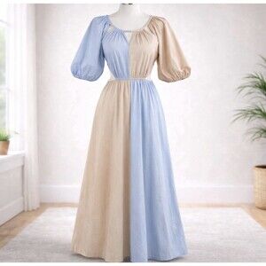 Mud Pie Cottagecore Milkmaid Colorblock Blue Beige Puff Sleeve Dress Medium